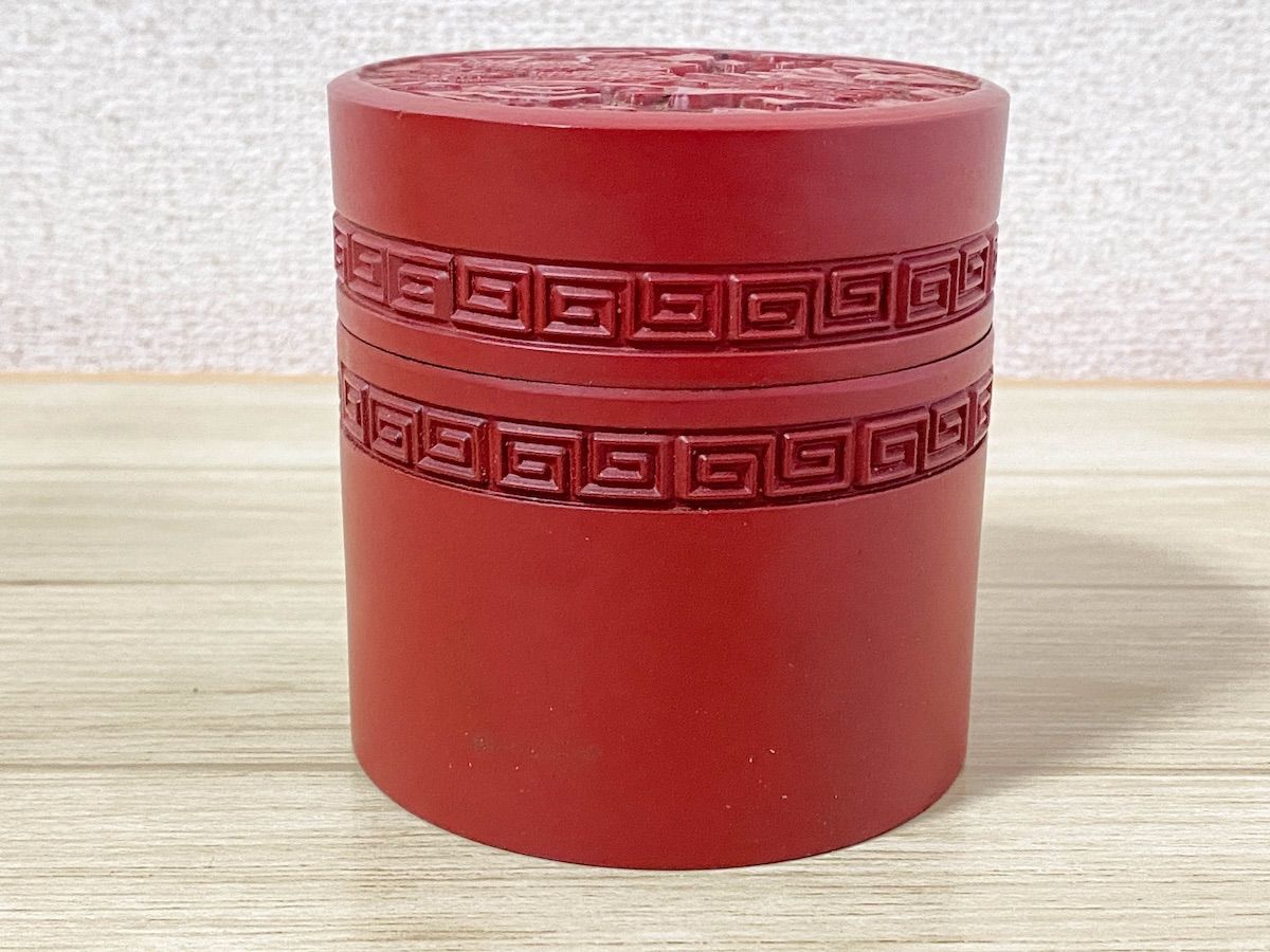 TK206】堆朱 茶筒 山水建物彫刻 直径8cm 高さ8.5cm 漆器 伝統工芸 骨董