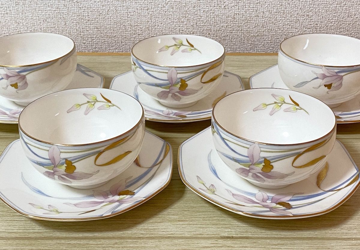 TK211】保谷謹製 蘭 湯呑 & ソーサー 5客セット 湯呑 直径8.5cm 和食器