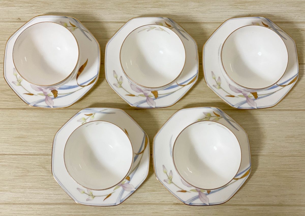 TK211】保谷謹製 蘭 湯呑 & ソーサー 5客セット 湯呑 直径8.5cm 和食器