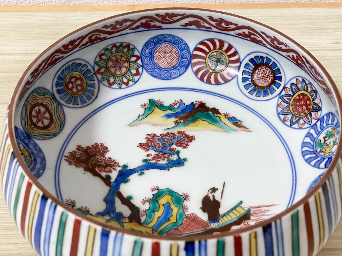 美品陶磁器 深鉢 茶道 骨董品 TK218】九谷焼 角福 深鉢 色絵山水画 直径21cm 和食器 陶磁器 骨董 盛