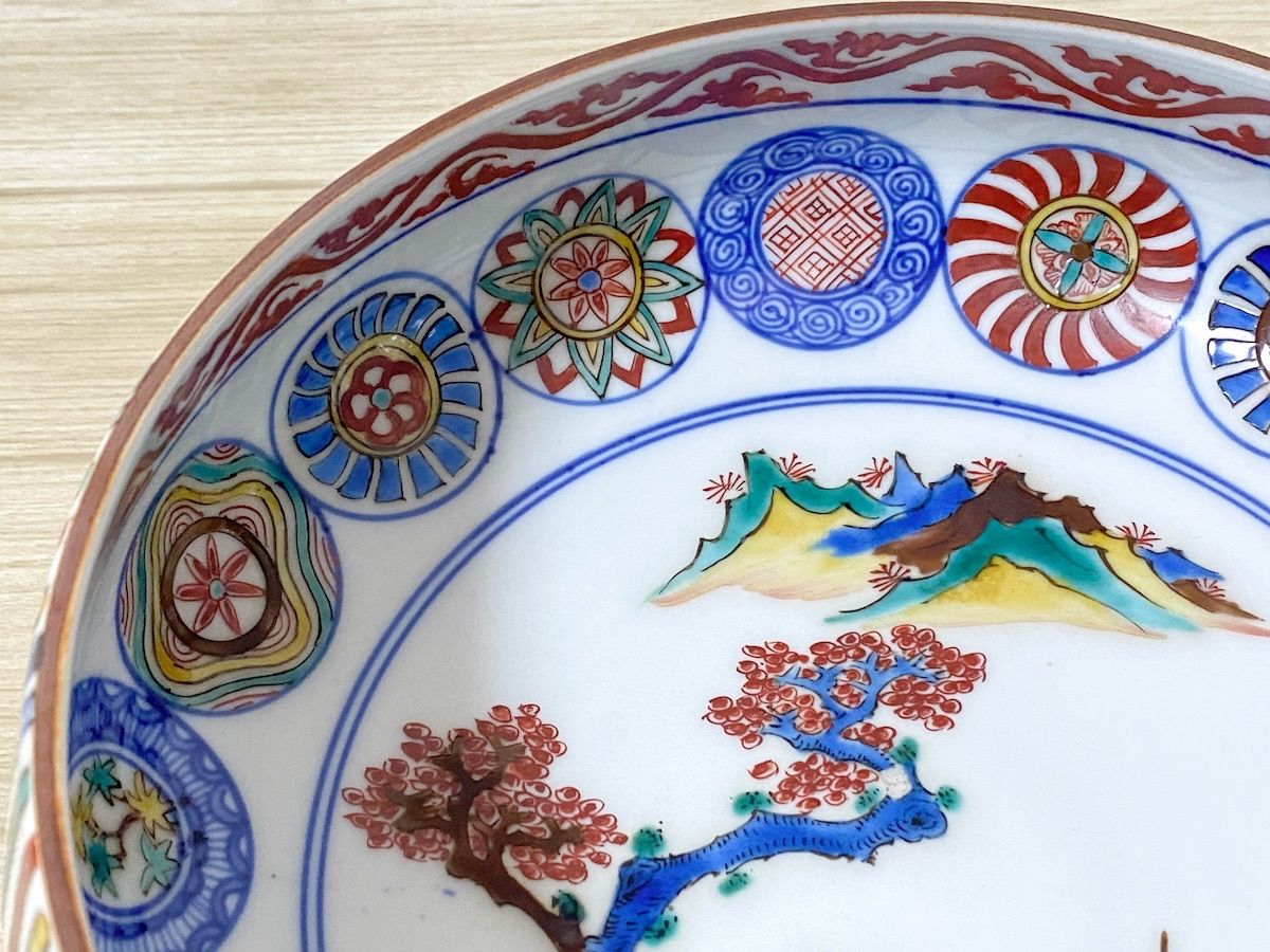 TK218】九谷焼 角福 深鉢 色絵山水画 直径21cm 和食器 陶磁器 骨董 盛