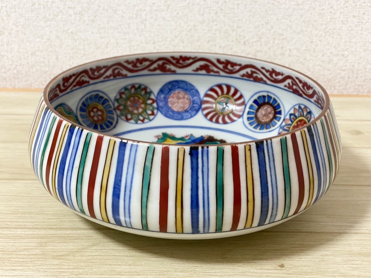 TK218】九谷焼 角福 深鉢 色絵山水画 直径21cm 和食器 陶磁器 骨董 盛