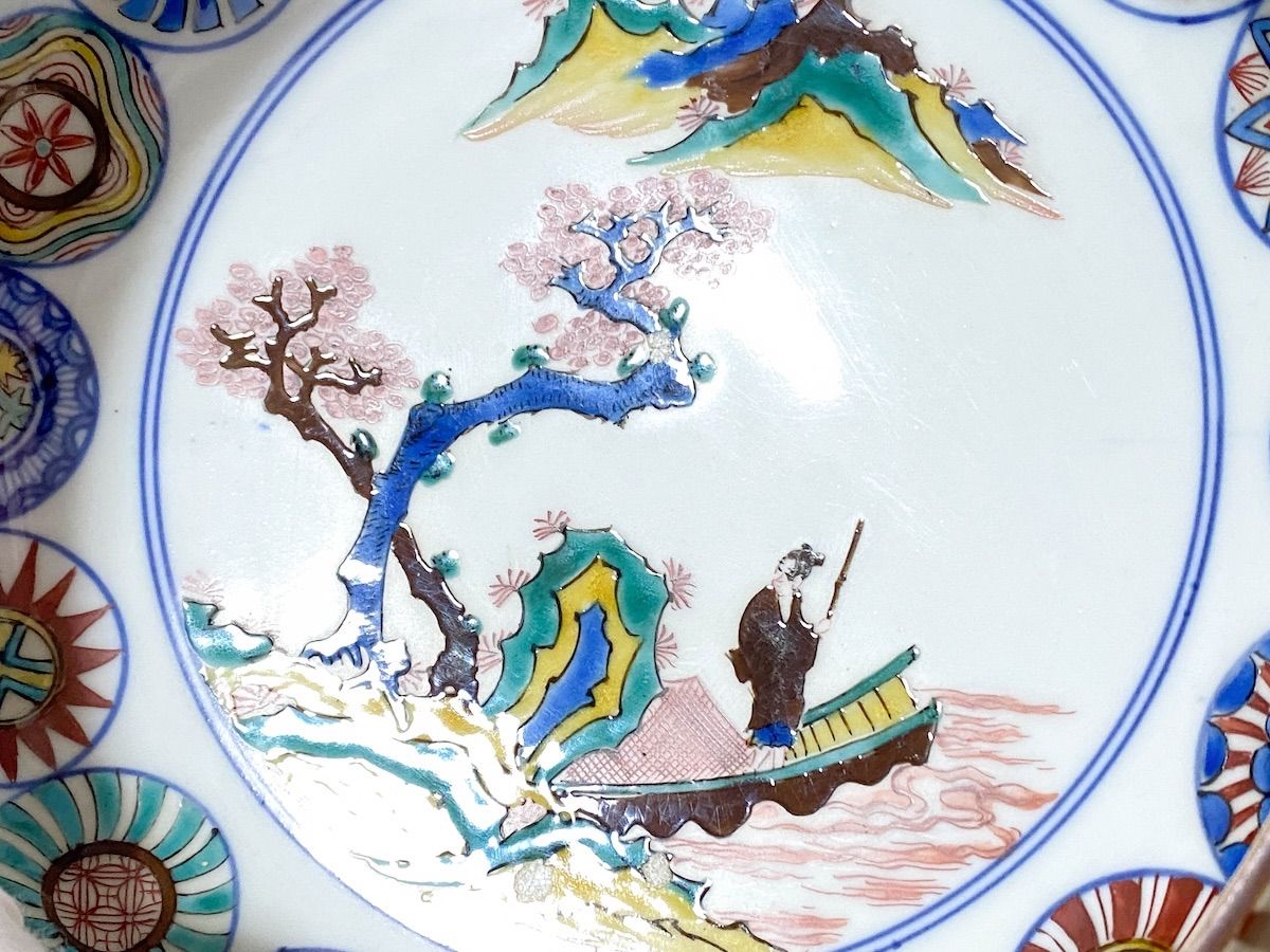 TK218】九谷焼 角福 深鉢 色絵山水画 直径21cm 和食器 陶磁器 骨董 盛