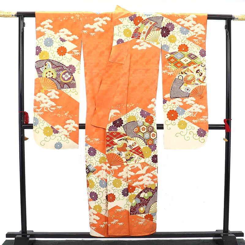 振袖 長襦袢 2点 セット 成人式 晴れ着 正絹 橙 扇 松皮菱 菊唐草 身丈157 cm 裄丈62.5 Ｓサイズ相当