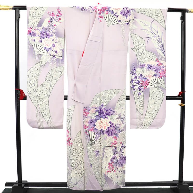 振袖 長襦袢 2点 セット 成人式 晴れ着 正絹 薄紫 扇 牡丹 菊 身丈160 cm 裄丈64.5 Mサイズ相当