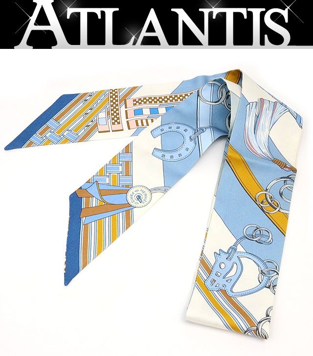 エルメス HERMES ツイリー Brides et Gris-Gris 馬勒とチャーム 水色系 マルチ シルク 17690