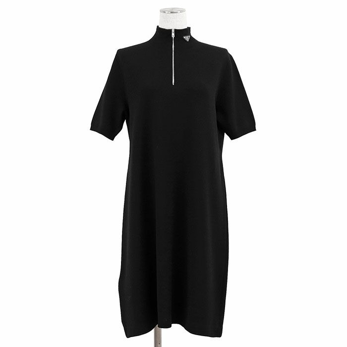 PRADA プラダ シャツ ワンピース 製 ロゴ トライアングル 三角 プレート ハーフジップ マイクロニットジャージー ストレッチ ハイネック 半袖 ショートスリーブ ドレス レディース サイズ 44 ブラック 黒 イタリア製