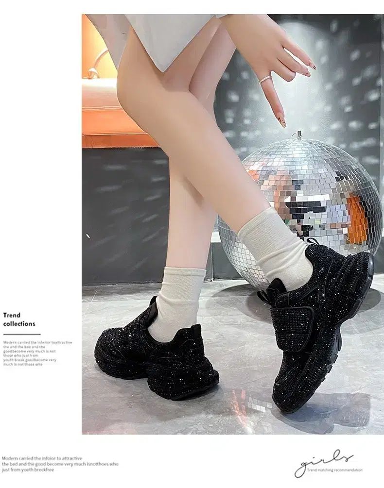 海外配送 厚底スニーカー シャイン ブラック キュービック プラットフォーム スニーカー