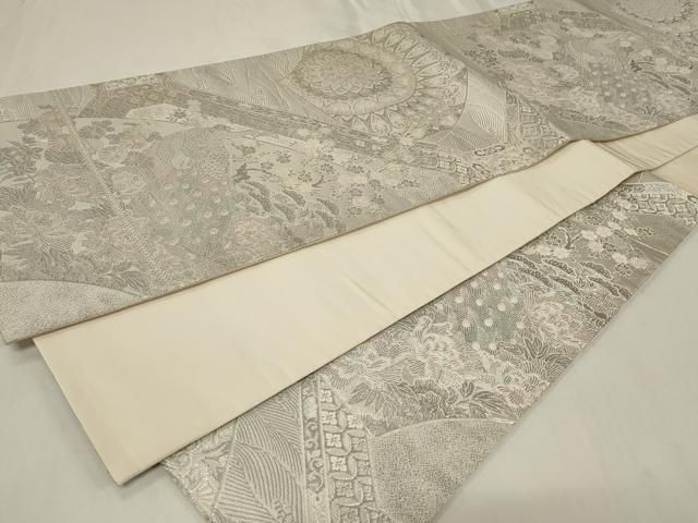 SO-447 袋帯 六通 正絹 扇面花鳥文様 プラチナ箔 高級 逸品 平和屋着物◎六通柄袋帯 扇面花鳥文 金糸 引箔 正絹 逸品 CAAP8254ft