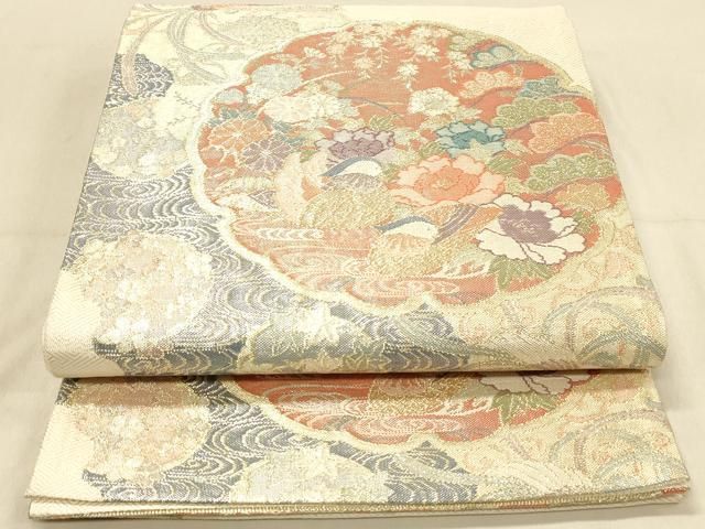 平和屋着物◎六通柄袋帯　鴛鴦花丸文　金銀糸　正絹　逸品　CABD1715ha 金銀糸 逸品 唐織 黒地 花鳥丸文 雪輪鴛鴦花文