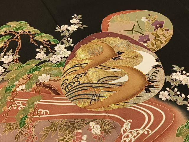 平和屋着物□豪華黒留袖 駒刺繍 流水屏風御所車花文 暈し染め 金彩