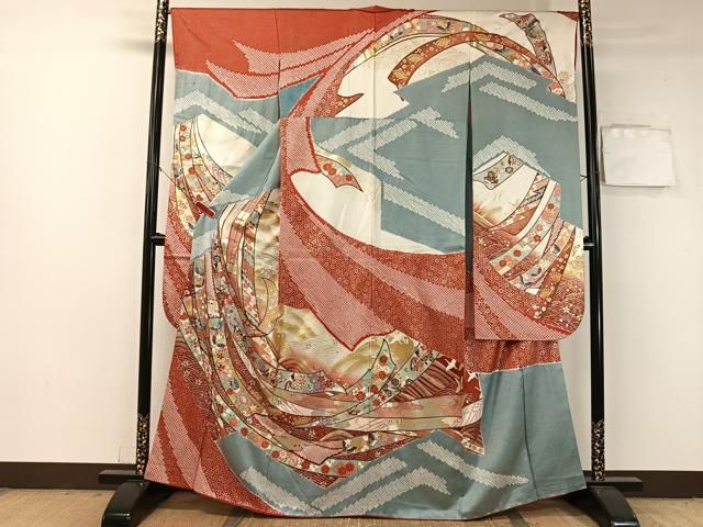 平和屋着物□豪華振袖 絞り 熨斗吉祥花鳥蝶文 金銀彩 正絹 逸品