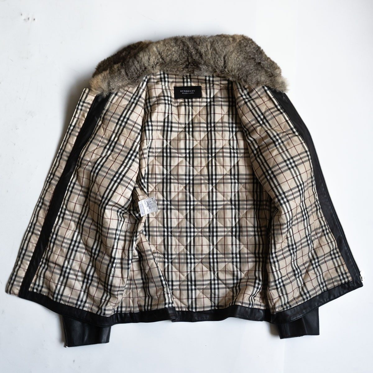 BURBERRY BLACK LABEL 羊革　グリーンレザージャケット L 最高級】BURBERRY BLACK LABEL【ラムレザー×ラビットファー レザー