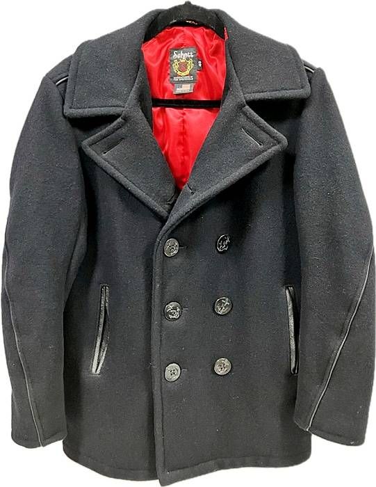 極美品/XL相当　ショット　Pコート　レザーパイピング　裏地赤　メルトンウール 極美品/XL相当ショットPコートレザーパイピング裏地赤メルトンウール