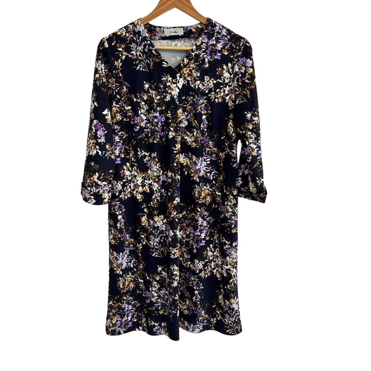 Leilian レリアン ワンピース サイズ13 S レディース - ネイビー×パープル×マルチ Vネック 長袖 ひざ丈 花柄