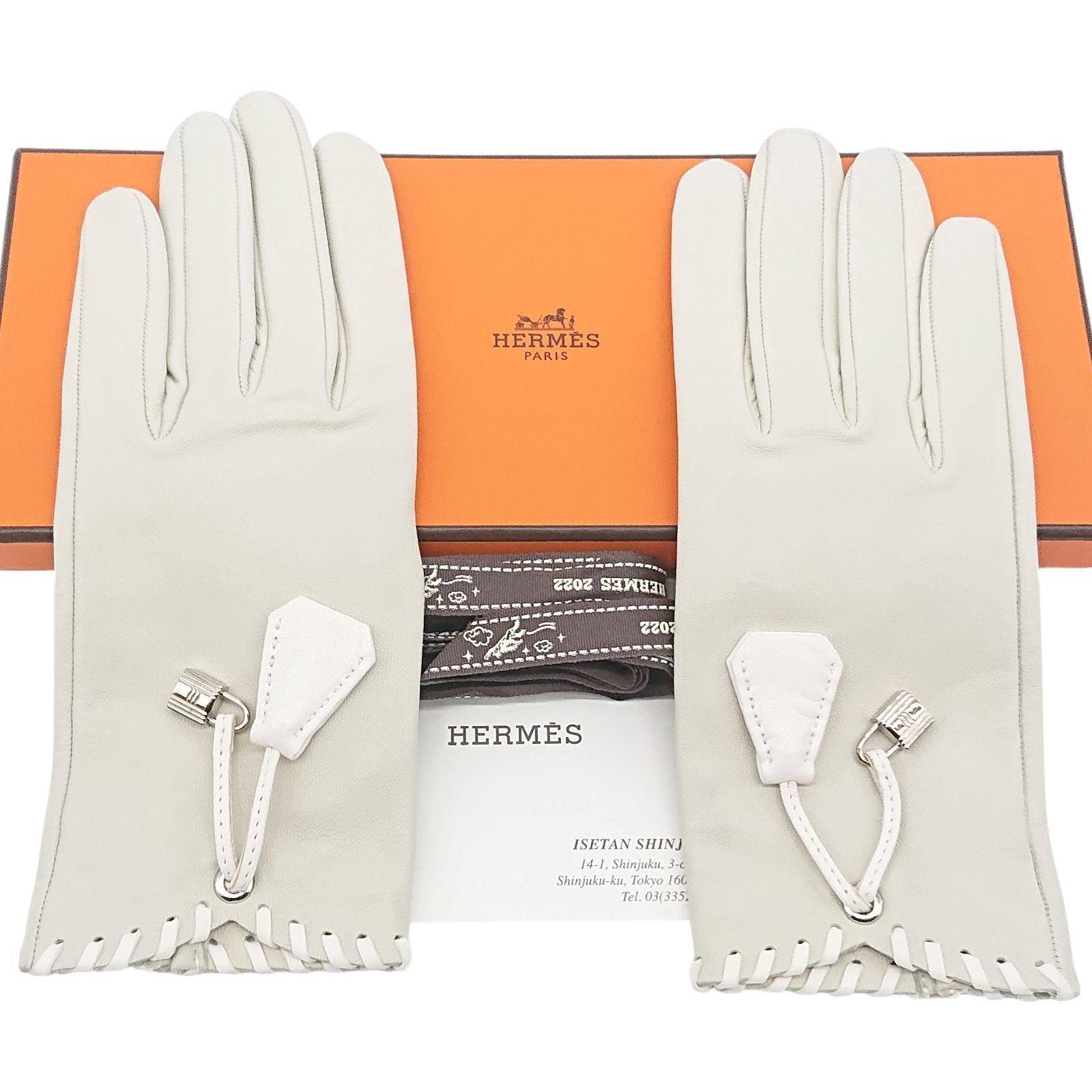 HERMES エルメス 手袋 カデナ クロシェット 6 1 2 ソルド レザー アイボリー き