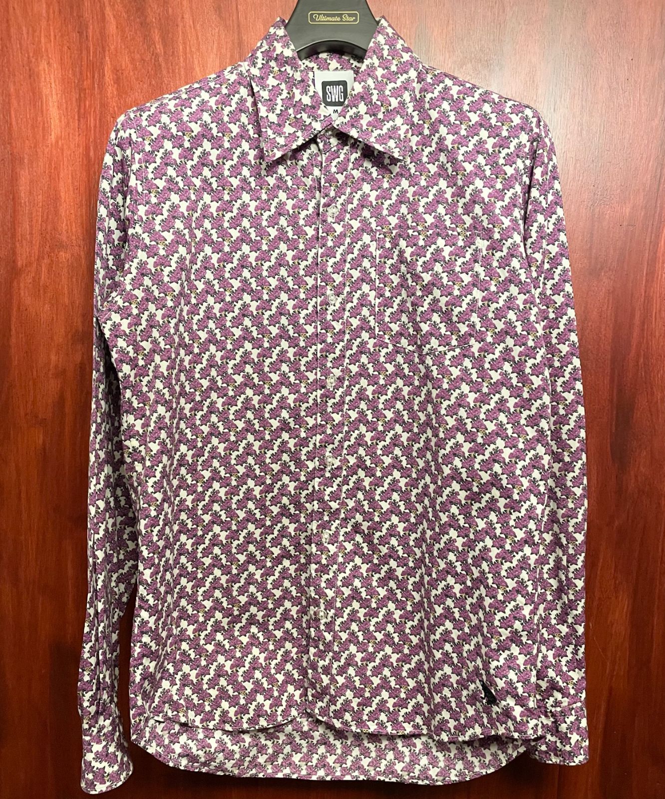 MADE IN JAPAN製 SWAGGER 総柄 長袖シャツ ホワイト×パープル Mサイズ