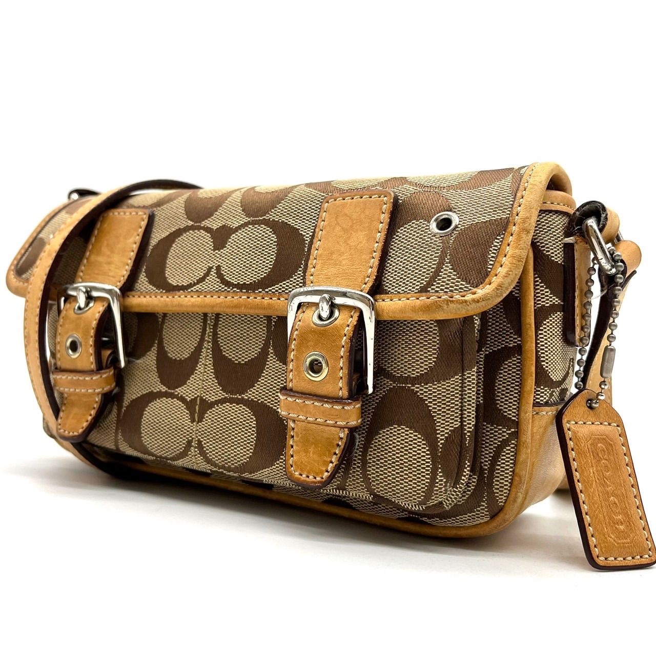 coach y 2 k double belt messenger signature canvas hand bag beige brown unisex ladies men s コーチ ショルダーバッグ