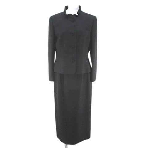 ハーディエイミス HARDY AMIES セットアップ ボーダー ジャケット ロング丈 タイトスカート スカート 絹 シルク 9 黒系 ブラック スリット 毛 ウール 裏地