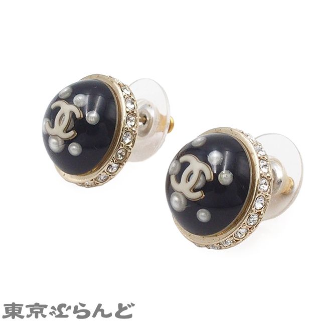 シャネル CHANEL ピアス ブラックxゴールド メタル コスチュームパール ラインストーン ココマーク 10 C レディース