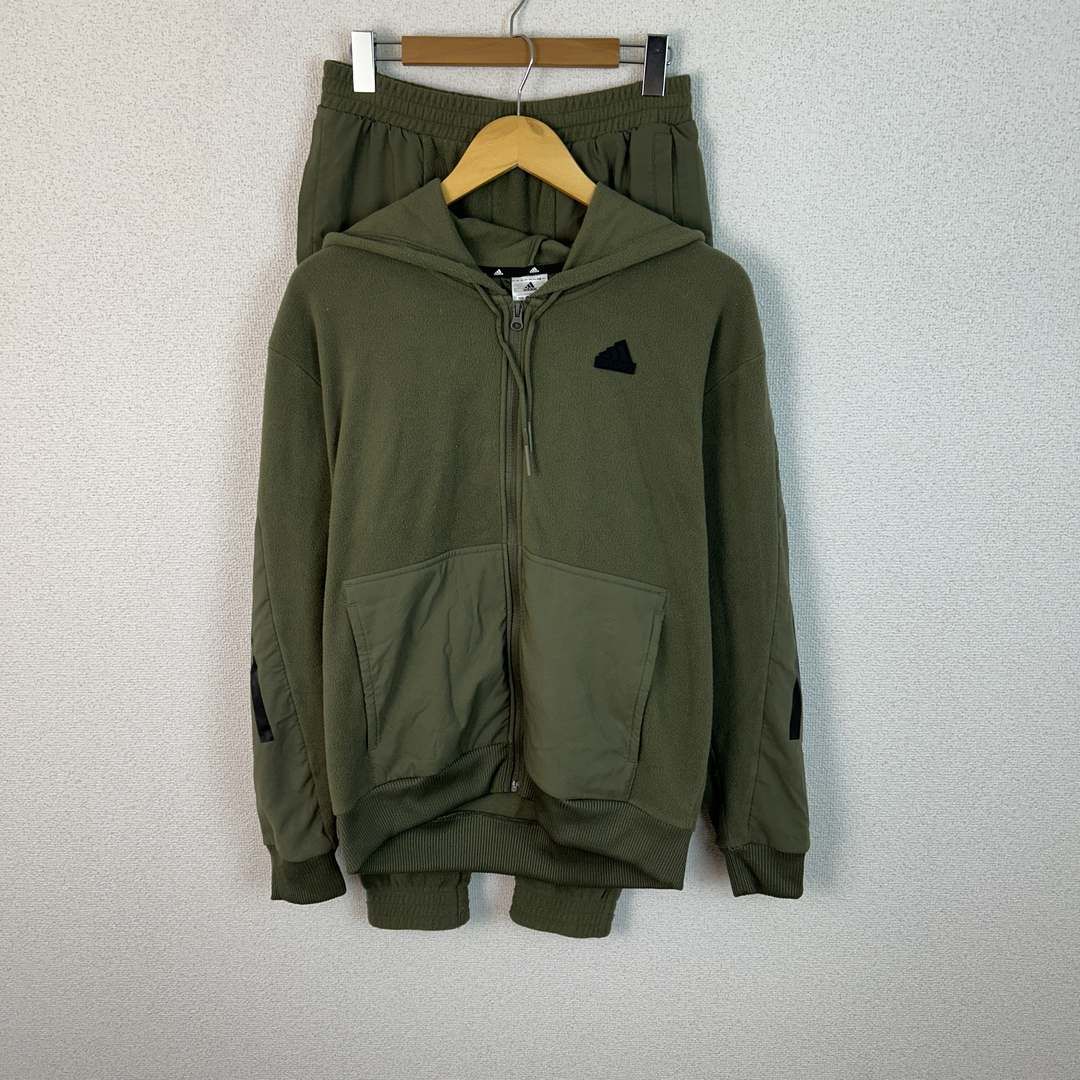 adidas アディダス セットアップ ジップアップパーカー スウェットパンツ 異素材切り替え アース カーキ Mサイズ メンズ 古着 スポーツMIX