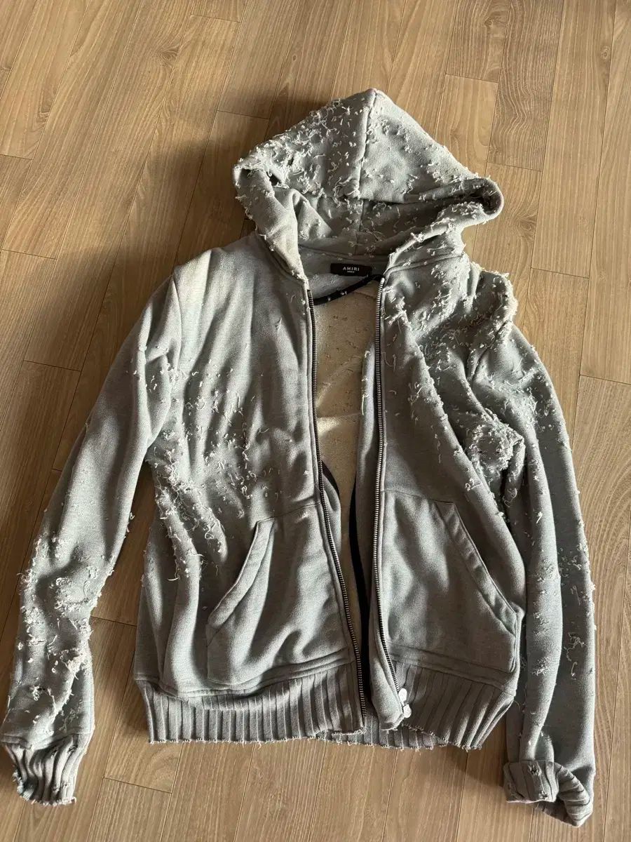 AMIRI アミリ ダメージ フーディー ジップアップ グレー