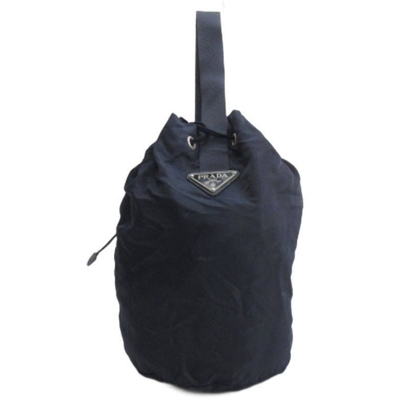 プラダ PRADA 三角ロゴプレート 巾着 ナイロン ハンドバッグ ワンショルダー ブラック