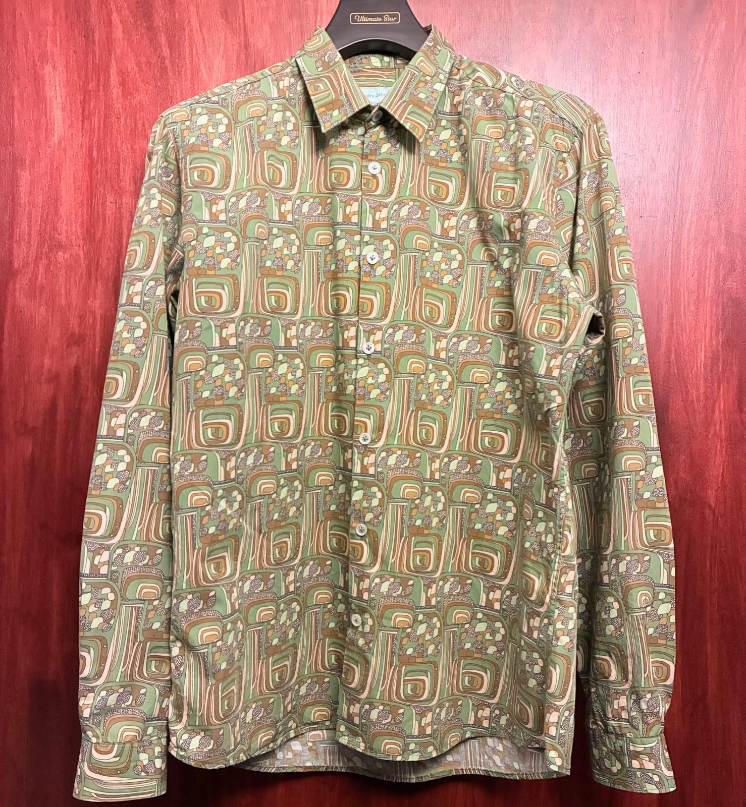 MADE IN ITALY製 Alessandro Gherardeschi 総柄 長袖シャツ グリーン Mサイズ
