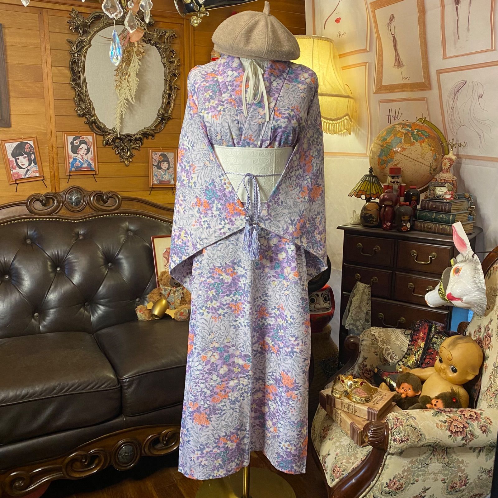 着物リメイク ロングワンピース｜洗える化繊素材＆帯サッシュベルト