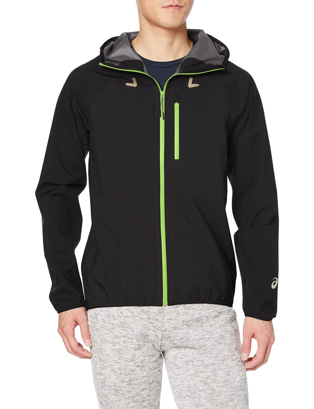 アシックス ランニングウエア レインジャケット 2011B251 メンズ 007 パフォーマンスブラック×ハザードグリーン XS