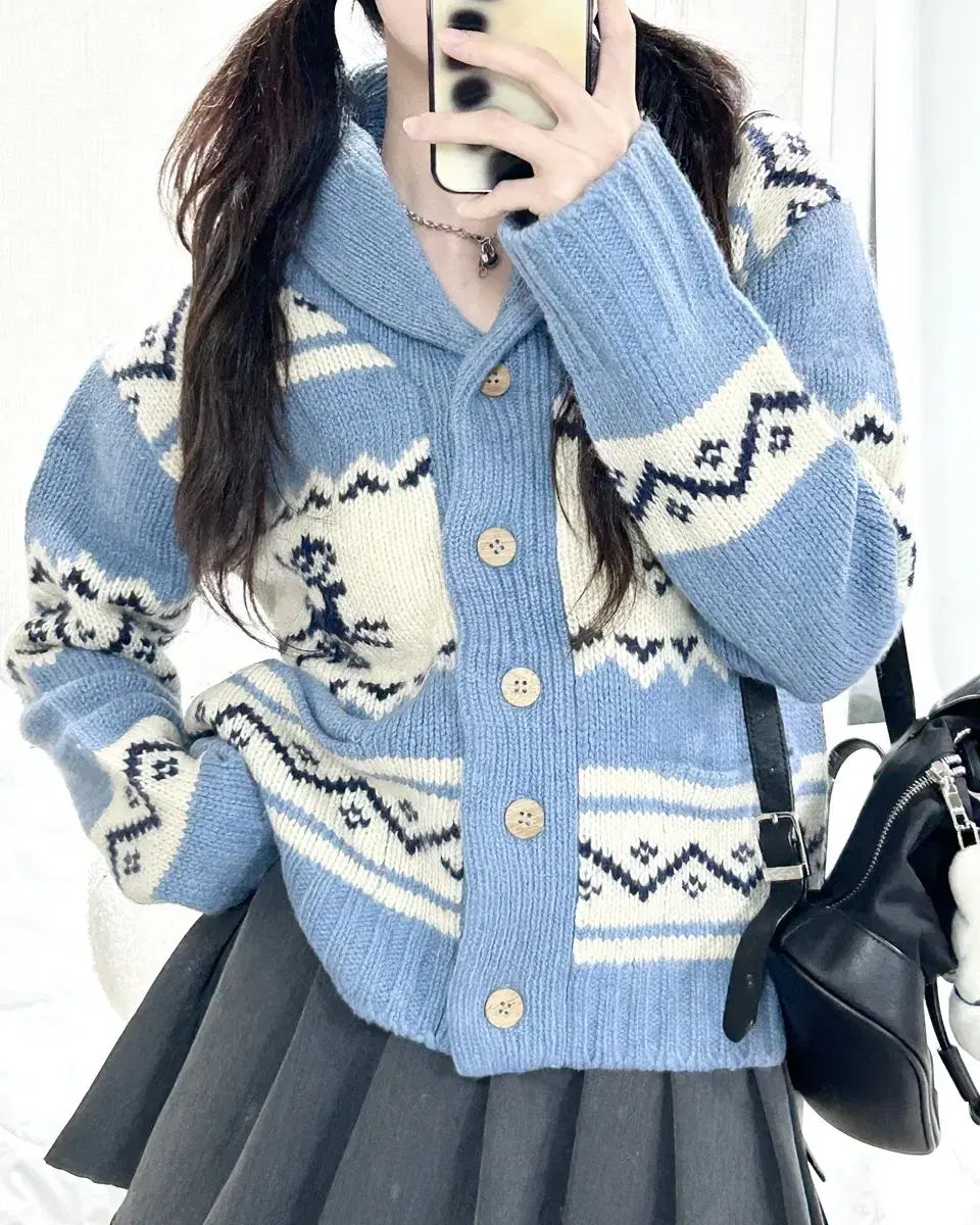 ヴィンテージ ライトブルー ノルディック ヘビーウール カーディガン