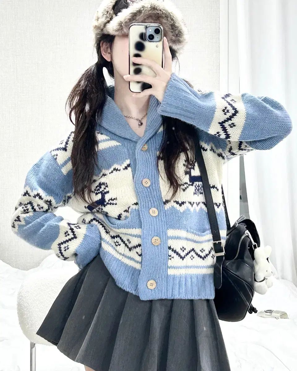 ヴィンテージ ライトブルー ノルディック ヘビーウール カーディガン