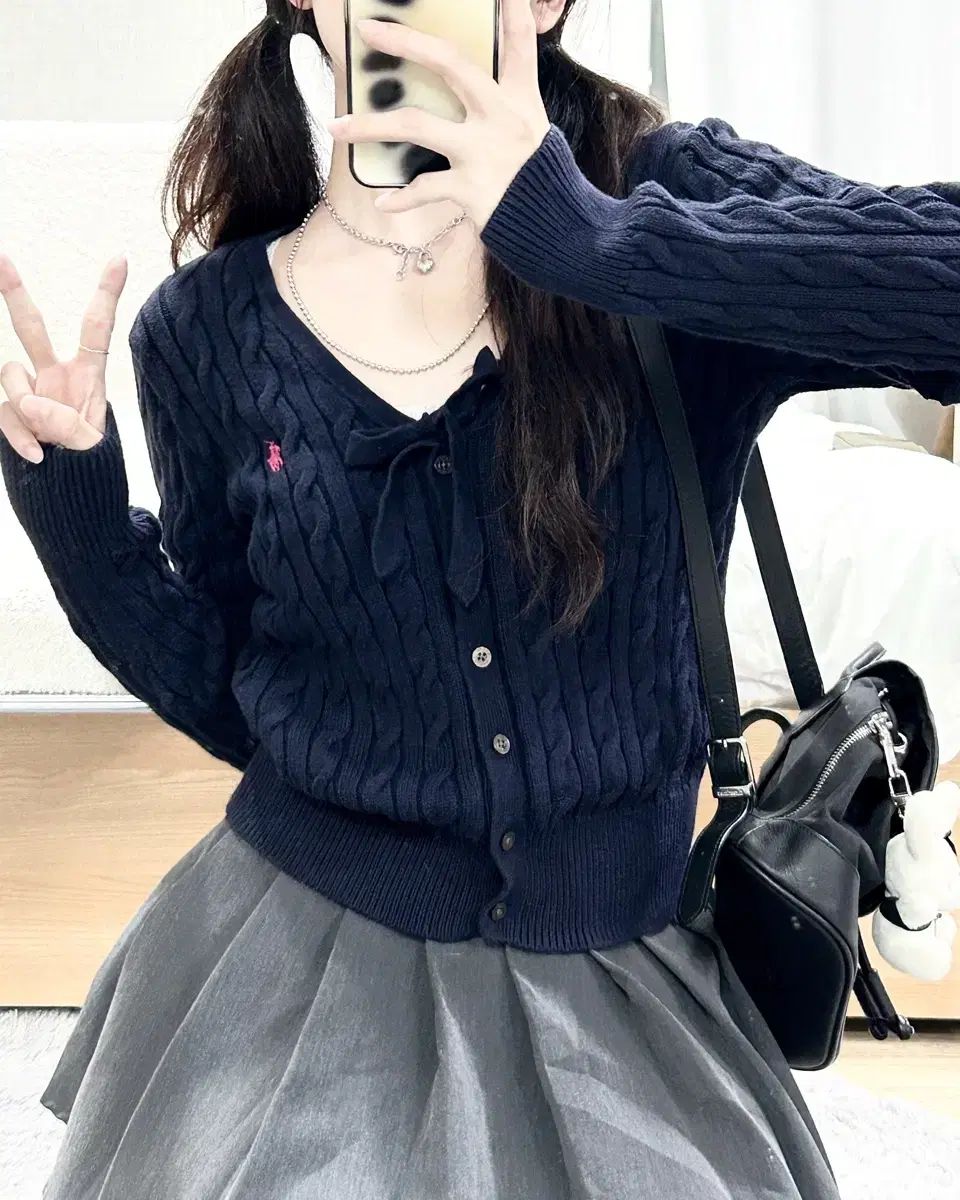 ポロ ピンクポニー ネイビー リボン ケーブル カーディガン