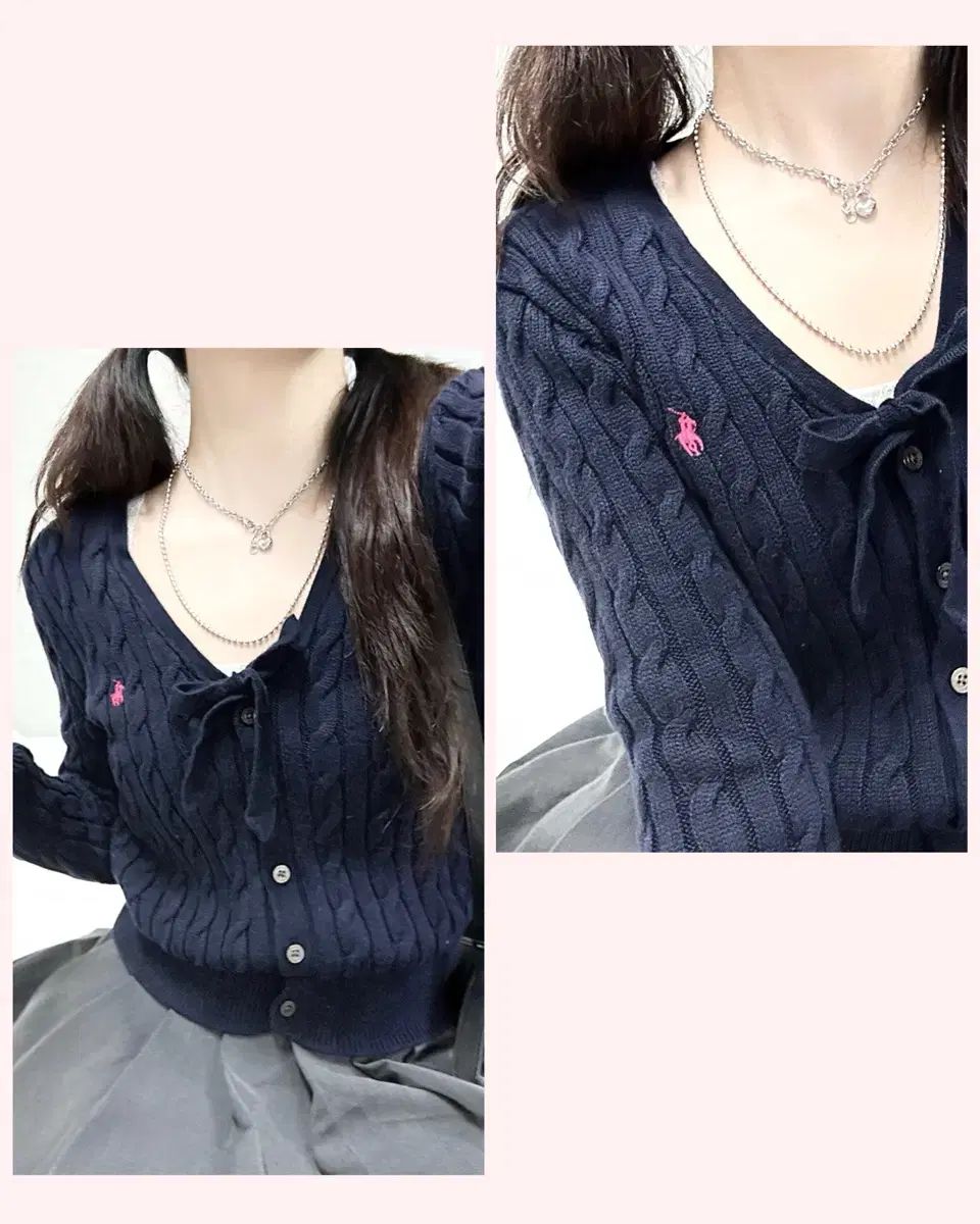ポロ ピンクポニー ネイビー リボン ケーブル カーディガン