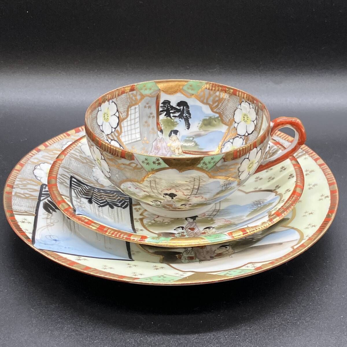 ニッポン 金彩窓絵風景人物図 カップ＆ソーサー プレート トリオセット 卵殻手 エッグシェル 里帰り 明治期 英国輸 POP_25D