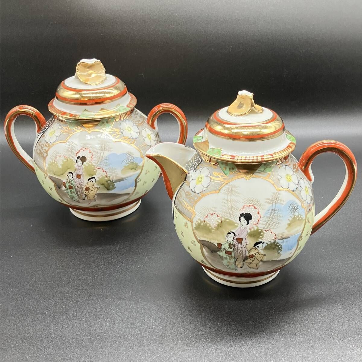 ニッポン 里帰り 明治期 金彩窓絵風景人物図 ティーポット シュガーポット セット 英国輸 POP_25D