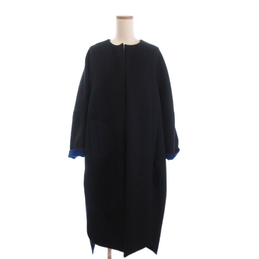 ENFOLD (エンフォルド) ウールソフトリバーノーカラーコート ネイビー