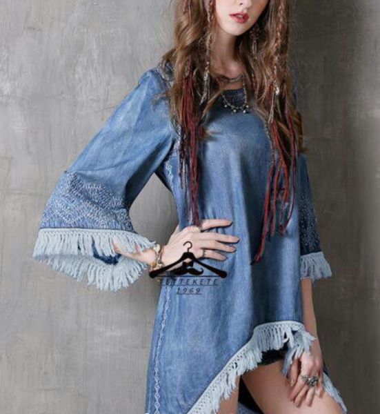 高品質 ワンピース デニムワンピース 半袖 不規則 エスニック刺繍