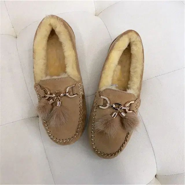  海外配送 モカシン 冬 スウェード ファー裏地 ポンポン ローファー シューズ フラットシューズ バレエシューズ パンプス
