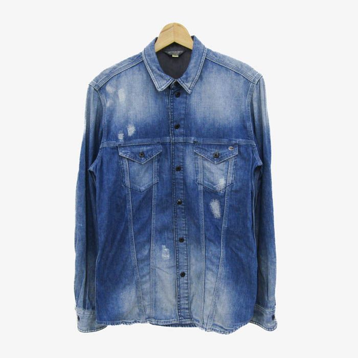 ディーゼルインダストリー 長袖シャツ トップス デニムシャツ ダメージ加工 メンズ Lサイズ ブルー Diesel Industry
