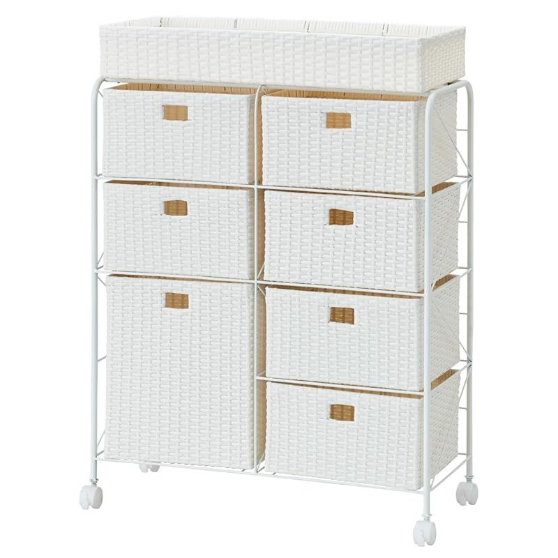 リコメン堂 サニタリー収納 ラタン調 キャスター付き 隙間収納 スリム サニタリーチェスト ランドリー 完成品 ホワイト 幅70cm