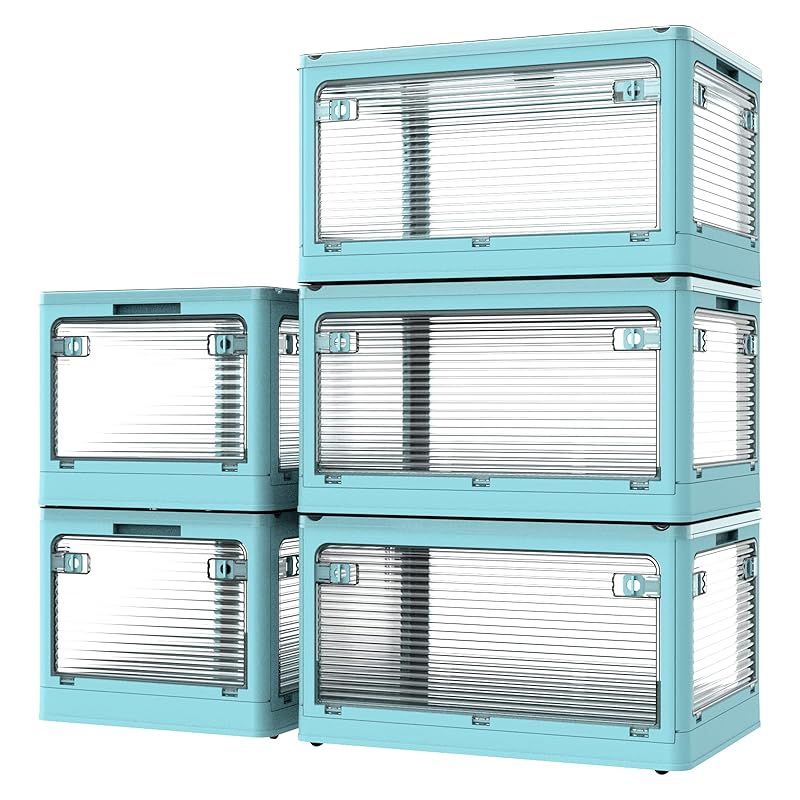 楽活 収納ボックス 収納ケース 116.5L 5セット 透明 ５面開き 蓋付き 扉付き 全方向から取り出せる 組み立て簡単 省スペース 折りたたみ 収納コンテナ 衣装ケース 衣装収納 書類 小物 収納箱 収納用品 家庭用 オフィス用 車用 キャスター付き 防塵