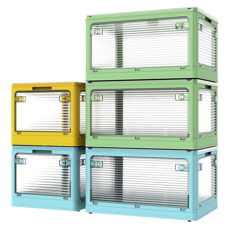 楽活 収納ボックス 収納ケース 55.6L 5セット 透明 ５面開き 蓋付き 扉付き 全方向から取り出せる 組み立て簡単 省スペース 折りたたみ 収納コンテナ 衣装ケース 衣装収納 書類 小物 収納箱 収納用品 家庭用 オフィス用 車用 キャスター付き 防塵