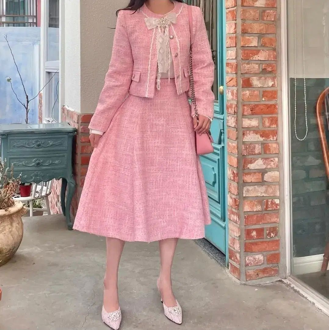 Unjin ピンク ツイード ジャケット スカート セットアップ