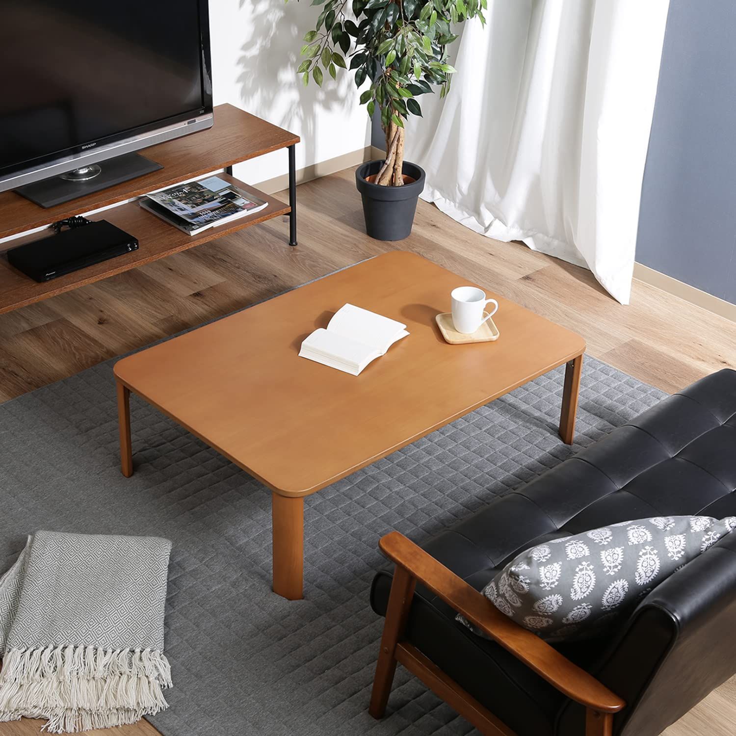 不二貿易 折りたたみテーブル ローテーブル 角が丸い 木目調 折れ脚 幅105×奥行75×高さ32cm ナチュラル 12844