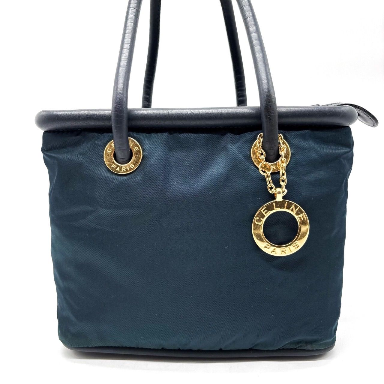 【人気】セリーヌ　ハンドバッグ　ロゴ型押し　ゴールド金具　レザー　ダークネイビー ✨良品✨ CELINE セリーヌ トートバッグ ハンドバッグ ショルダー