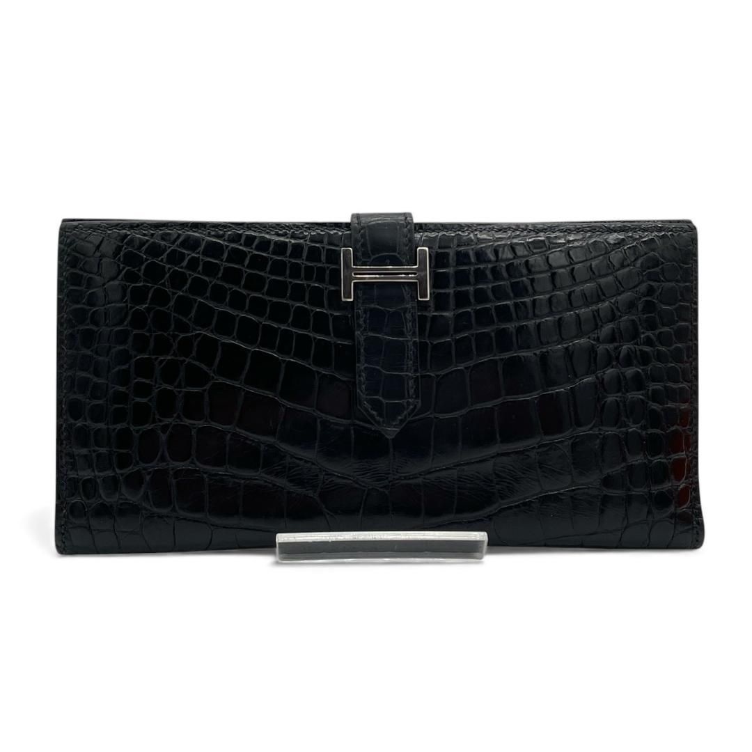 超 エルメス HERMES アリゲーター シャイニング ベアン 二つ折り財布 ブラック メンズ レディース Q刻印 シルバー金具 H金具 クロコダイル エキゾチックレザー