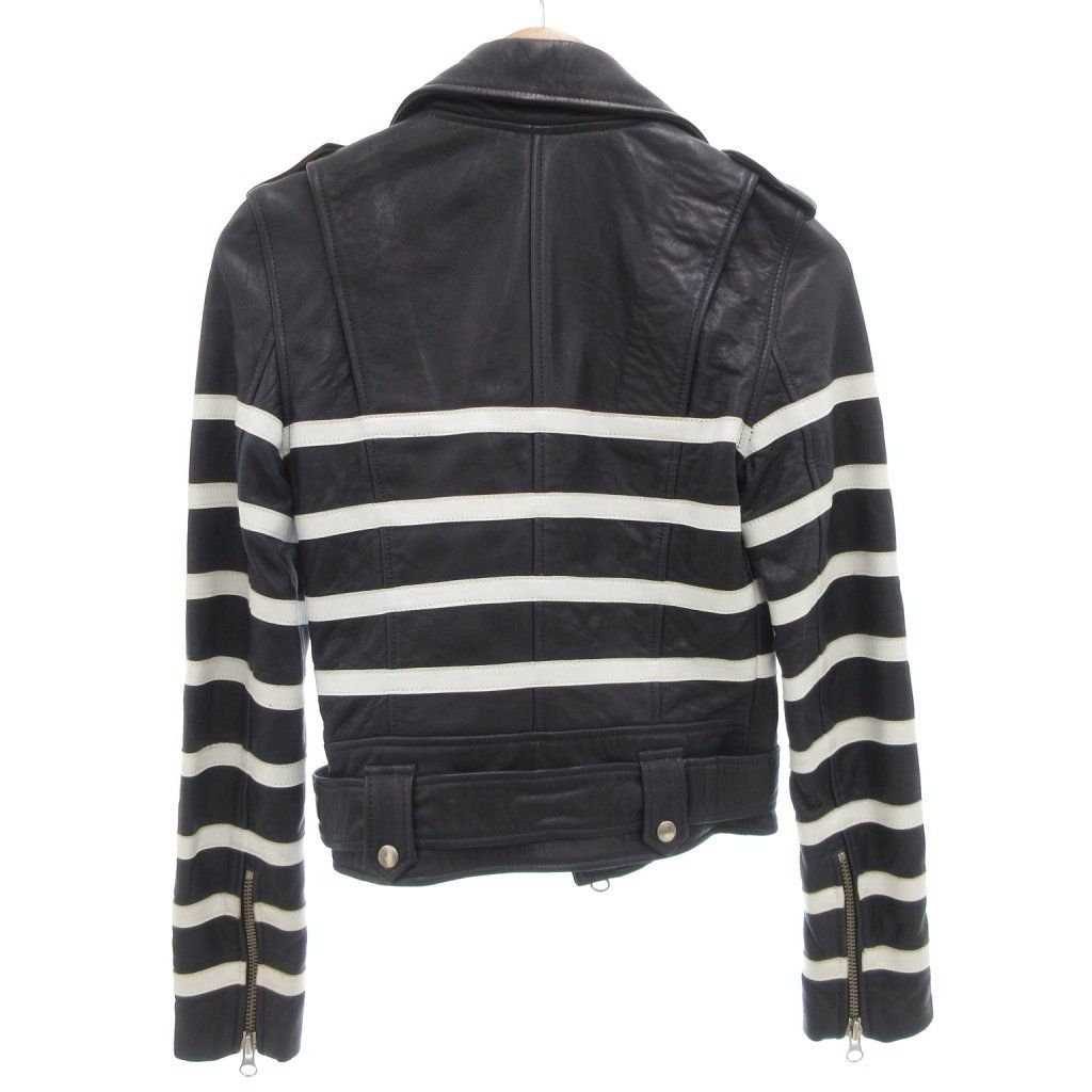 イーチアザー EACH×OTHER ライダースジャケット ダブル 裏地総柄 ラムレザー 羊革 バイ XS 紺 ネイビー 白 ホワイト ボーダー GV