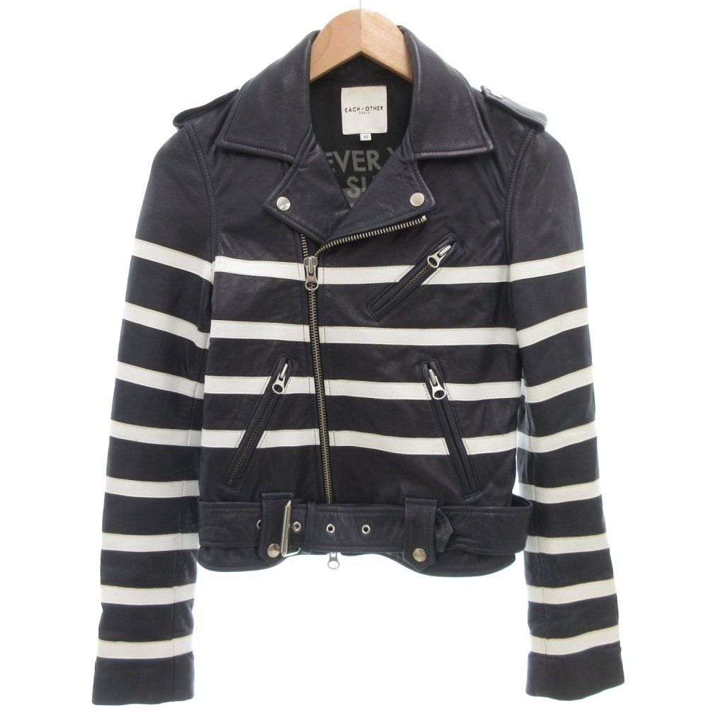 イーチアザー EACH×OTHER ライダースジャケット ダブル 裏地総柄 ラムレザー 羊革 バイ XS 紺 ネイビー 白 ホワイト ボーダー GV