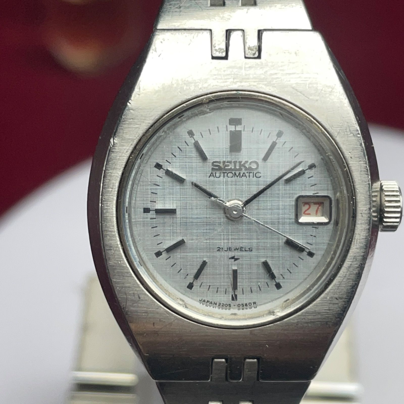 70 s SEIKO AUTOMATIC アイスシルバー絹目文字盤 SSブレス ヴィンテージ アンティーク 稼働品 セイコー 自動巻き カレンダー 腕時計